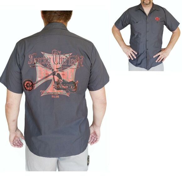 LUCKY 13 THIRTEEN button down short sleeve casual gray work shirt Momento Mori L - Picture 1 of 8
